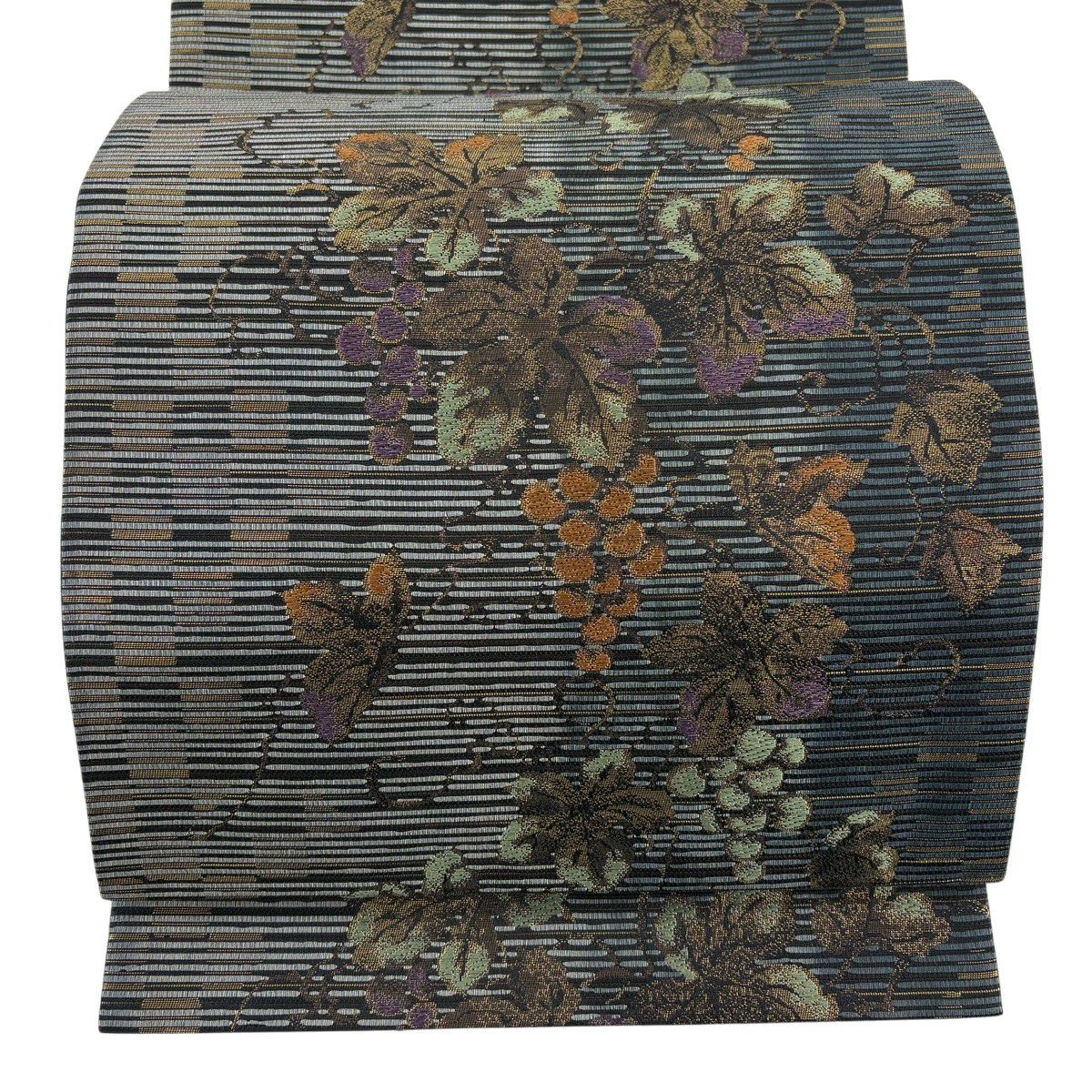 【美品】 袋帶 名品級 葡萄 市松樹 金銀彩 灰綠 六通 純蠶絲