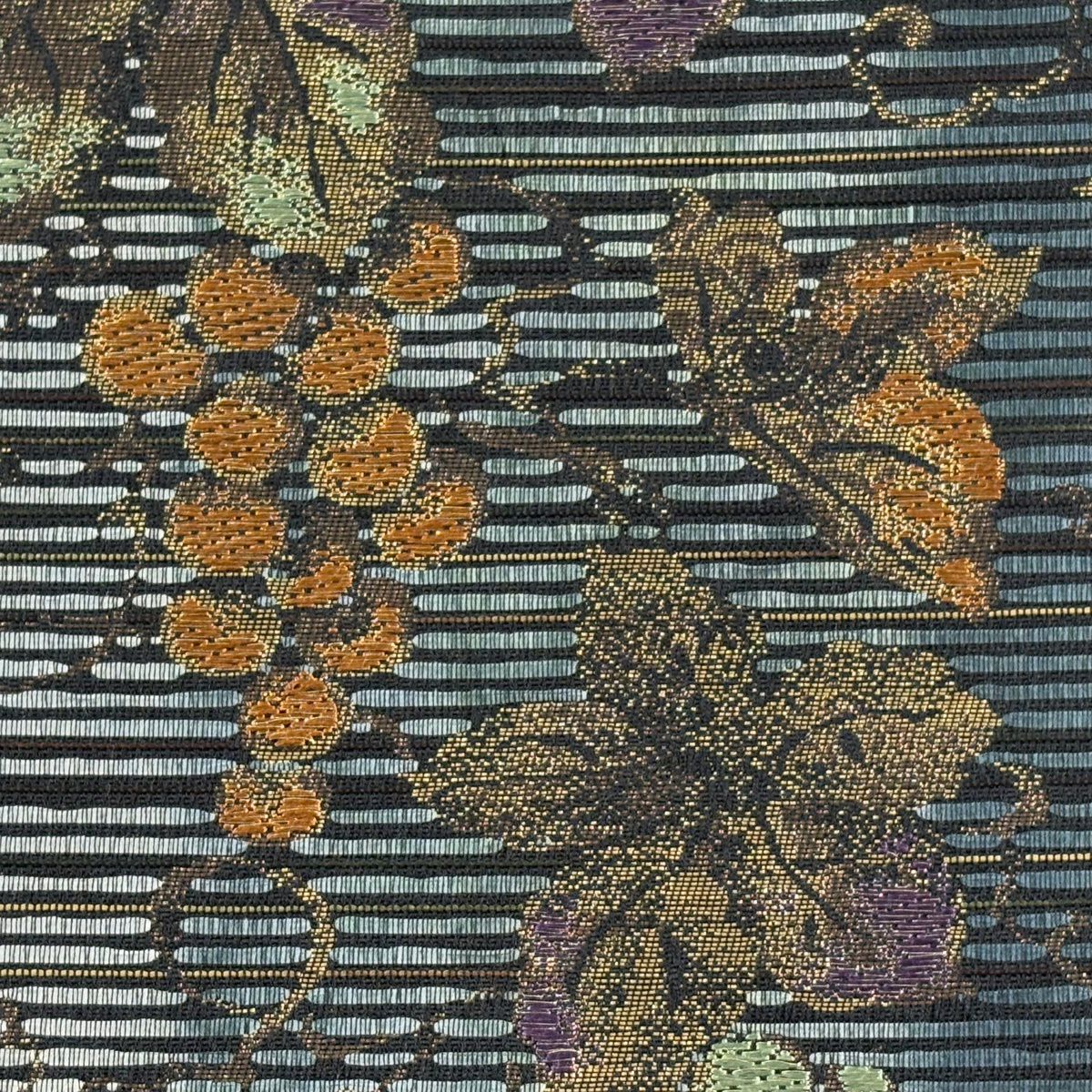 【美品】 袋帶 名品級 葡萄 市松樹 金銀彩 灰綠 六通 純蠶絲