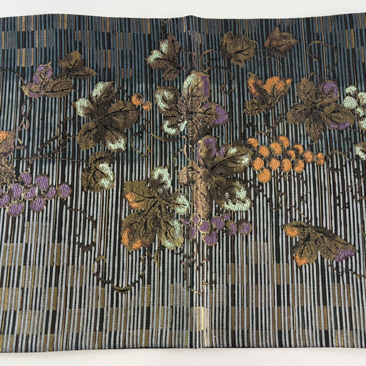 【美品】 袋帶 名品級 葡萄 市松樹 金銀彩 灰綠 六通 純蠶絲