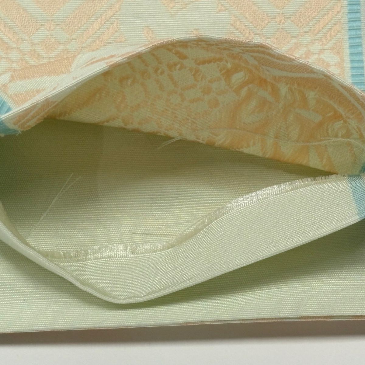 【美品】半幅帶 秀品級 樱花 斜格子 灰綠 純蠶絲