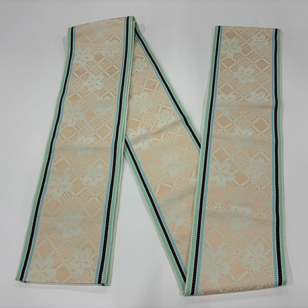 【美品】半幅帶 秀品級 樱花 斜格子 灰綠 純蠶絲