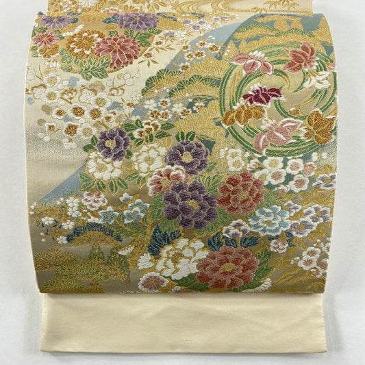 【美品】 袋帶 名品級 四君子花的彩 別腹 花丸紋 松樹竹子梅花 金金箔 金絲 金色 六通 純蠶絲