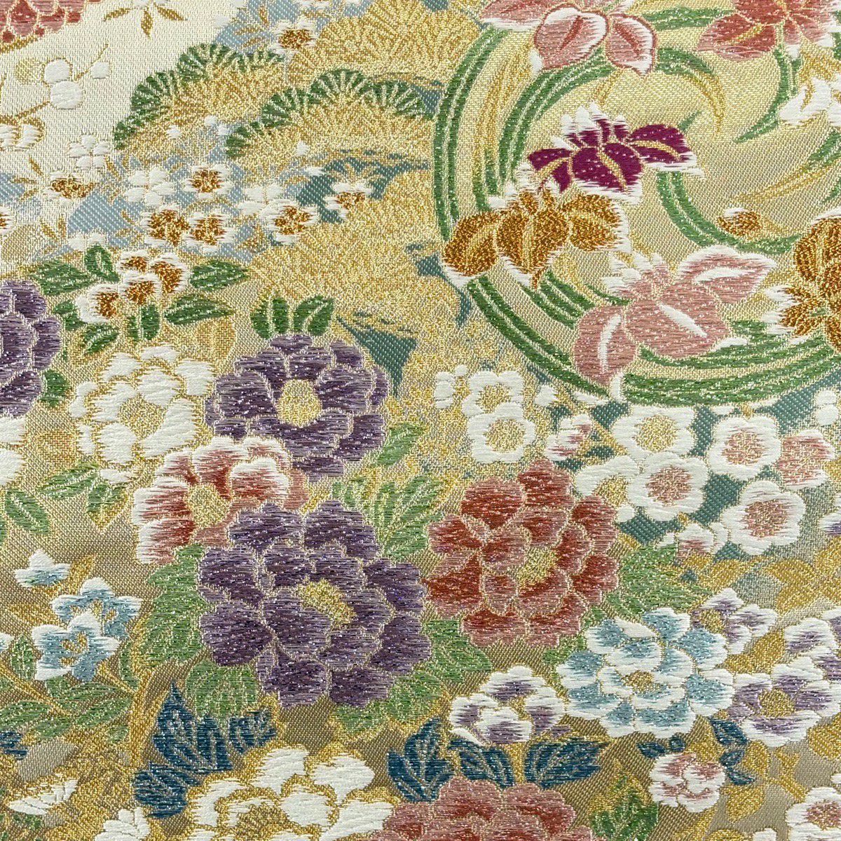 【美品】 袋帶 名品級 四君子花的彩 別腹 花丸紋 松樹竹子梅花 金金箔 金絲 金色 六通 純蠶絲