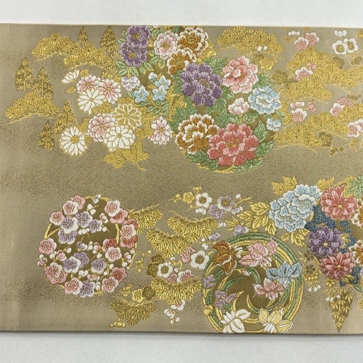 【美品】 袋帶 名品級 四君子花的彩 別腹 花丸紋 松樹竹子梅花 金金箔 金絲 金色 六通 純蠶絲
