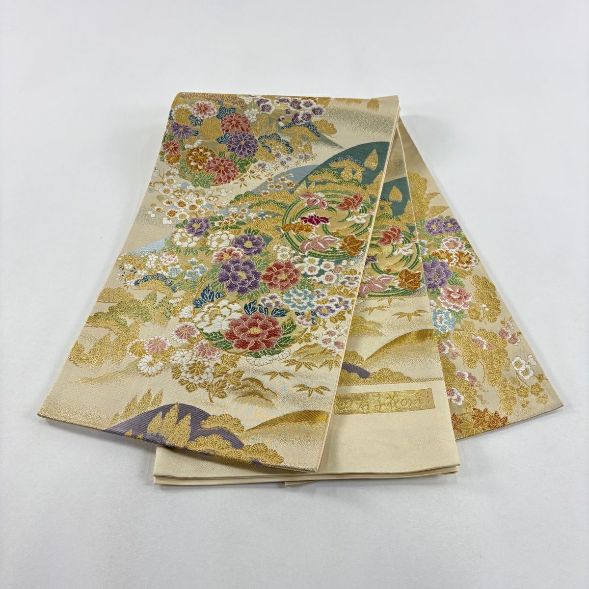 【美品】 袋帶 名品級 四君子花的彩 別腹 花丸紋 松樹竹子梅花 金金箔 金絲 金色 六通 純蠶絲