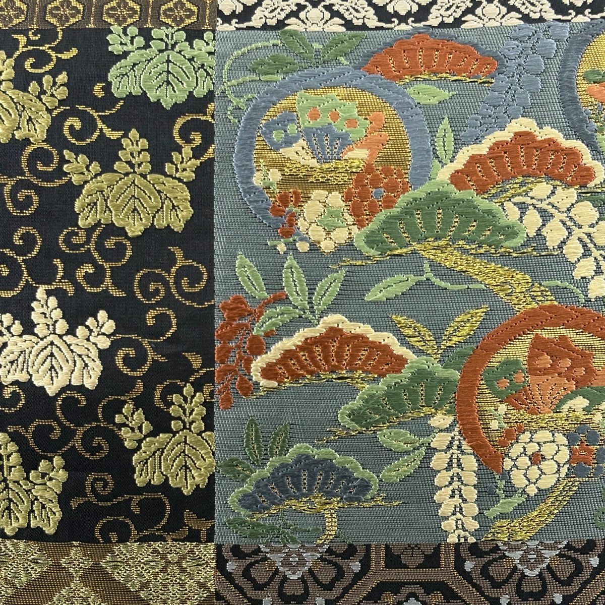 袋帶 名品級 草花紋紋 蜀江文 金銀彩 金金箔 黑 六通 純蠶絲