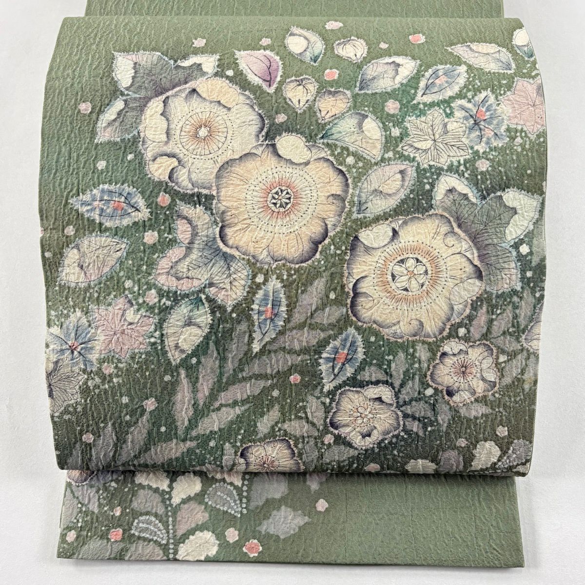 【美品】 袋帶 名品級 翠山工房 有落款 辻花染 灰綠 お太鼓圖案 純蠶絲
