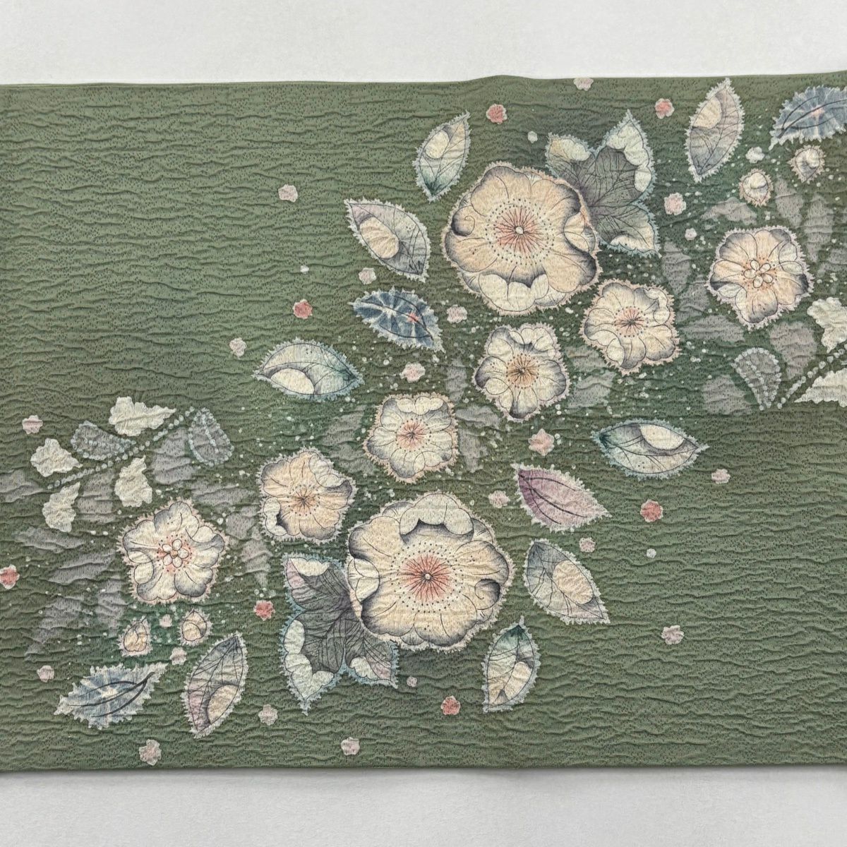 【美品】 袋帶 名品級 翠山工房 有落款 辻花染 灰綠 お太鼓圖案 純蠶絲