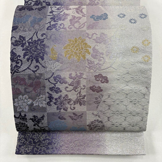 【美品】 袋帶 名品級 市松樹 花唐草紋 金銀絲 灰紫 全通 純蠶絲