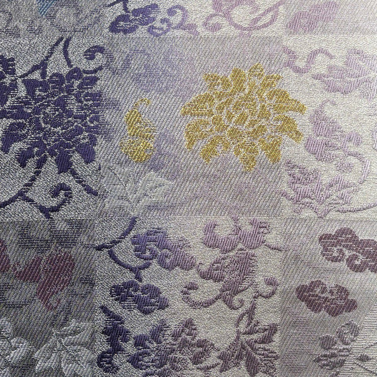 【美品】 袋帶 名品級 市松樹 花唐草紋 金銀絲 灰紫 全通 純蠶絲