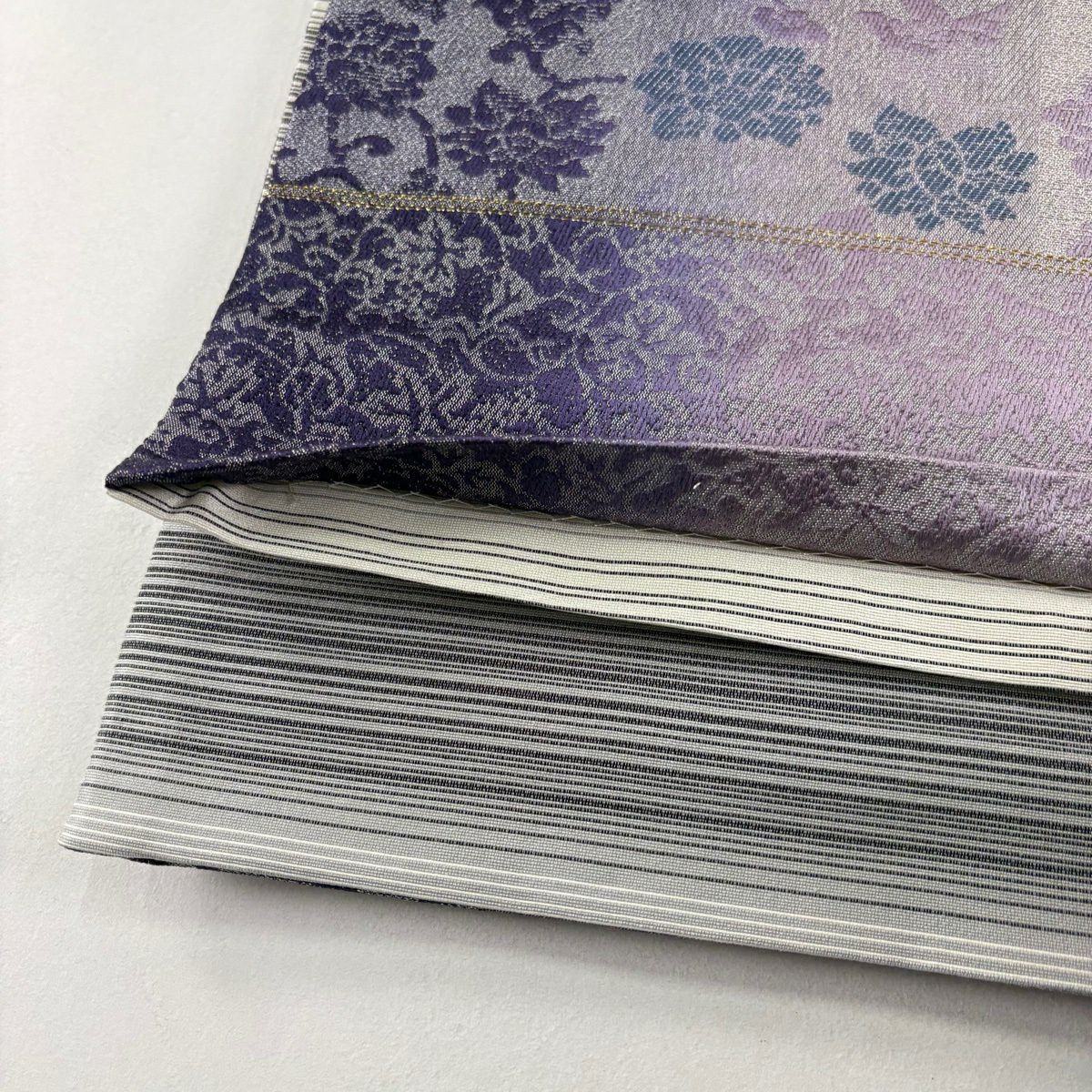 【美品】 袋帶 名品級 市松樹 花唐草紋 金銀絲 灰紫 全通 純蠶絲