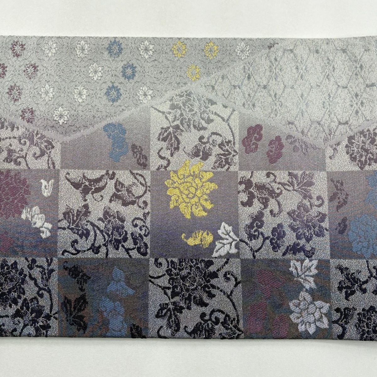 【美品】 袋帶 名品級 市松樹 花唐草紋 金銀絲 灰紫 全通 純蠶絲