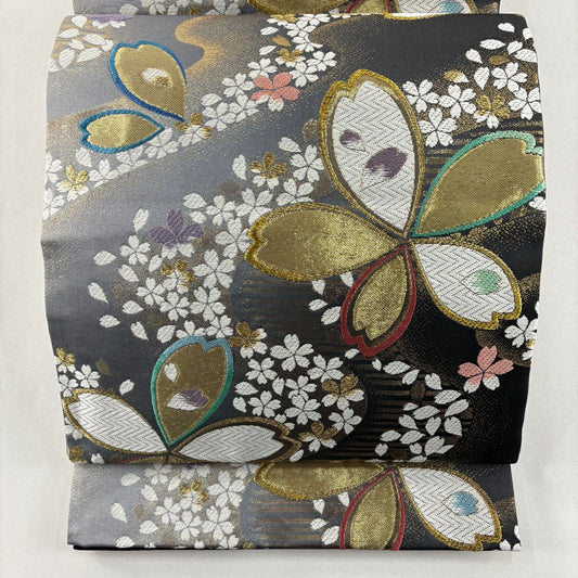 【美品】 袋帶 名品級 振袖禮服禮服用 櫻花 櫻花花瓣 金絲 刺繡 灰色 六通 純蠶絲