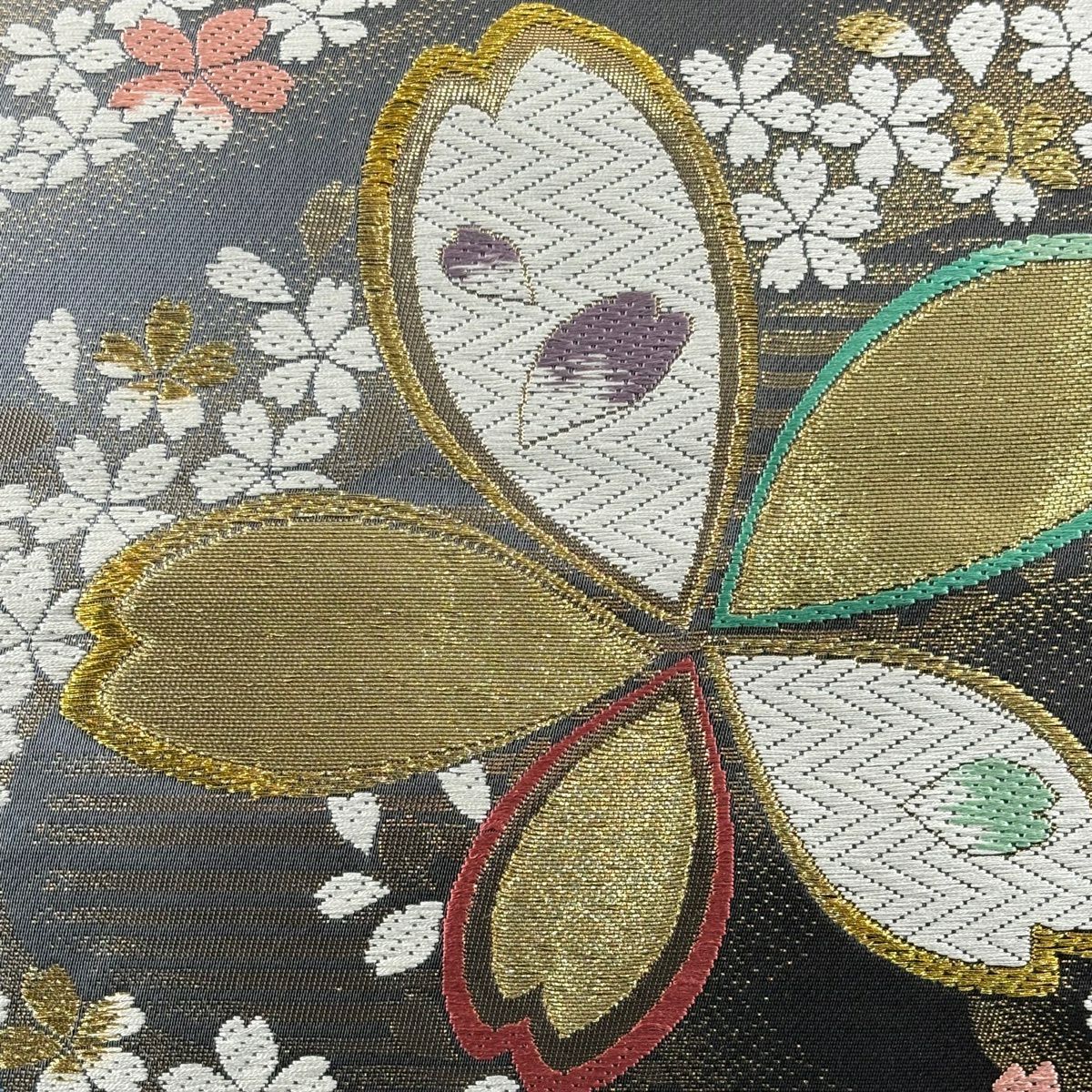 【美品】 袋帶 名品級 振袖禮服禮服用 櫻花 櫻花花瓣 金絲 刺繡 灰色 六通 純蠶絲