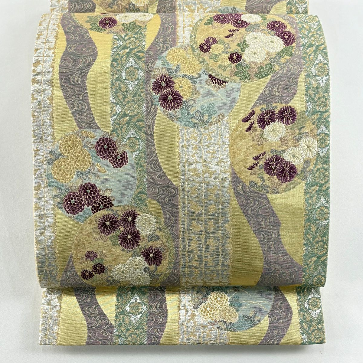 【美品】 袋帶 名品級 菊花 圓文 金絲 金金箔 金 六通 純蠶絲