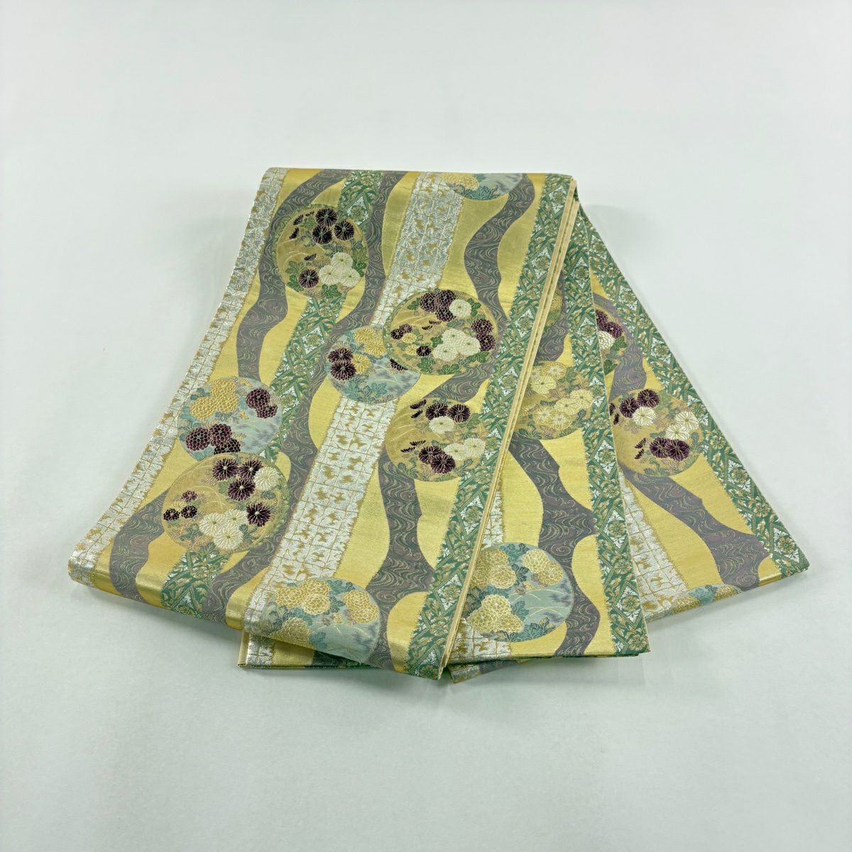 【美品】 袋帶 名品級 菊花 圓文 金絲 金金箔 金 六通 純蠶絲