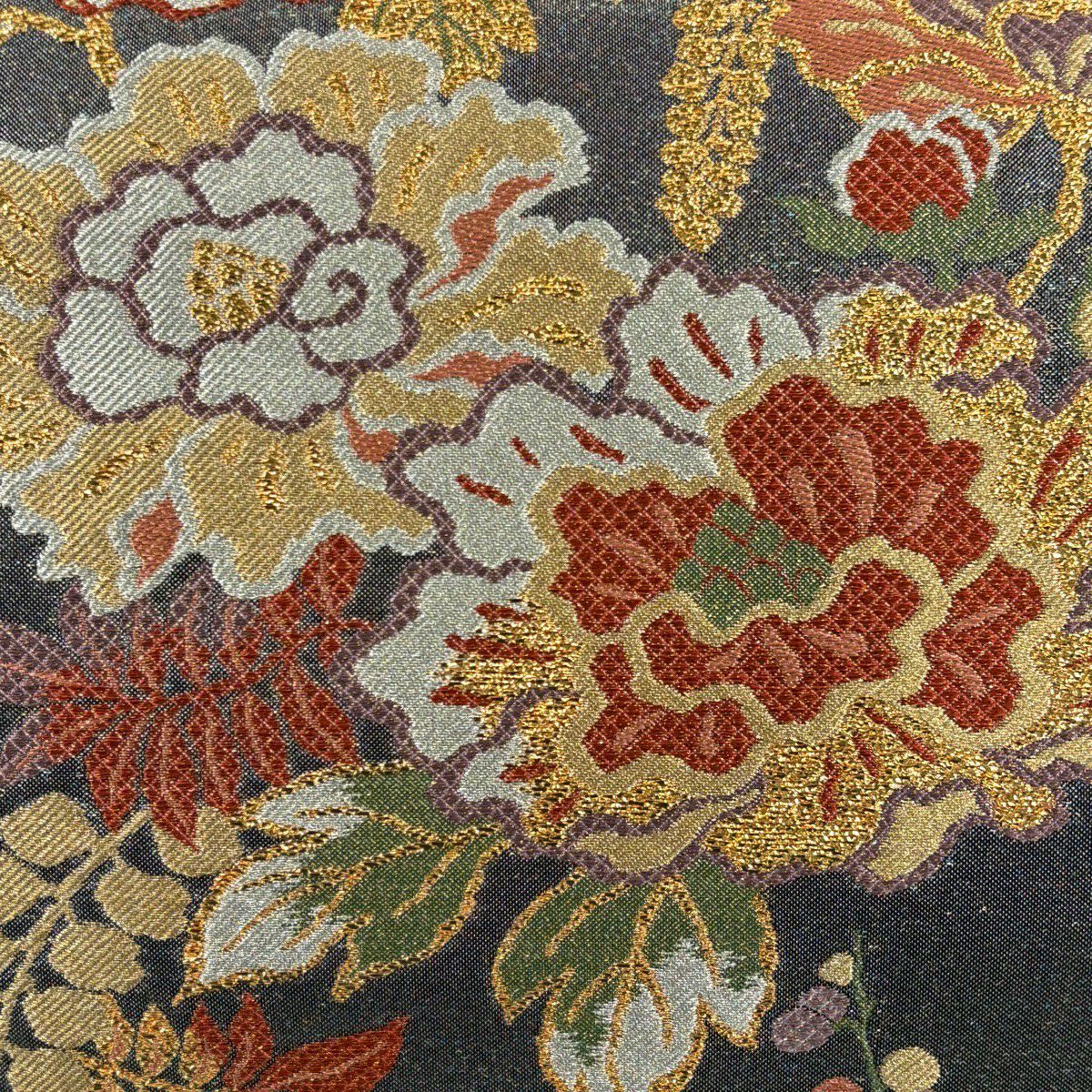 袋帶 名品級 牡丹 藤 金金箔 銀通 黑灰 六通 純蠶絲