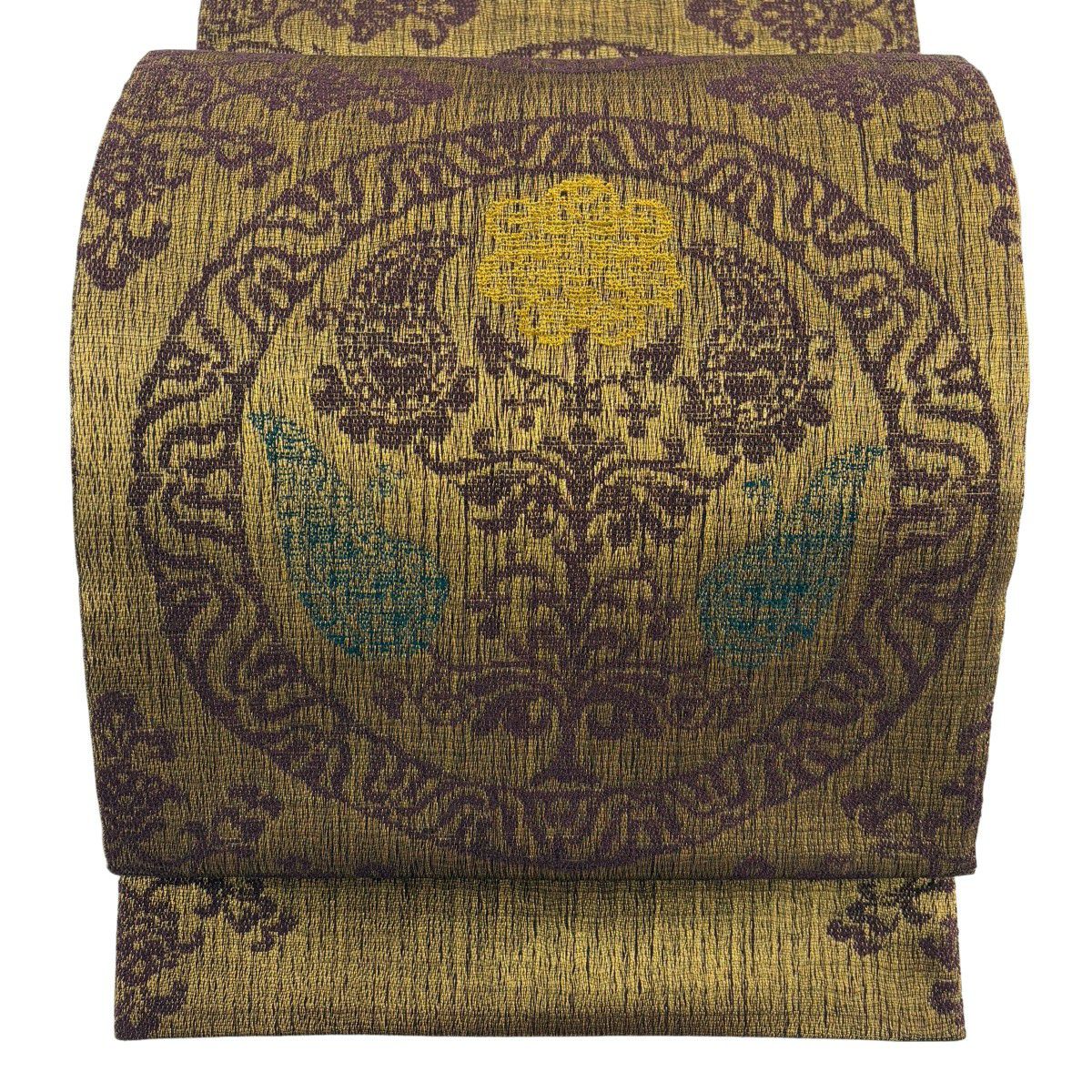 【美品】 袋帶 名品級 落款あり 上品裂 草花紋 花唐草紋 金糸 金茶 お太鼓柄 純蠶絲