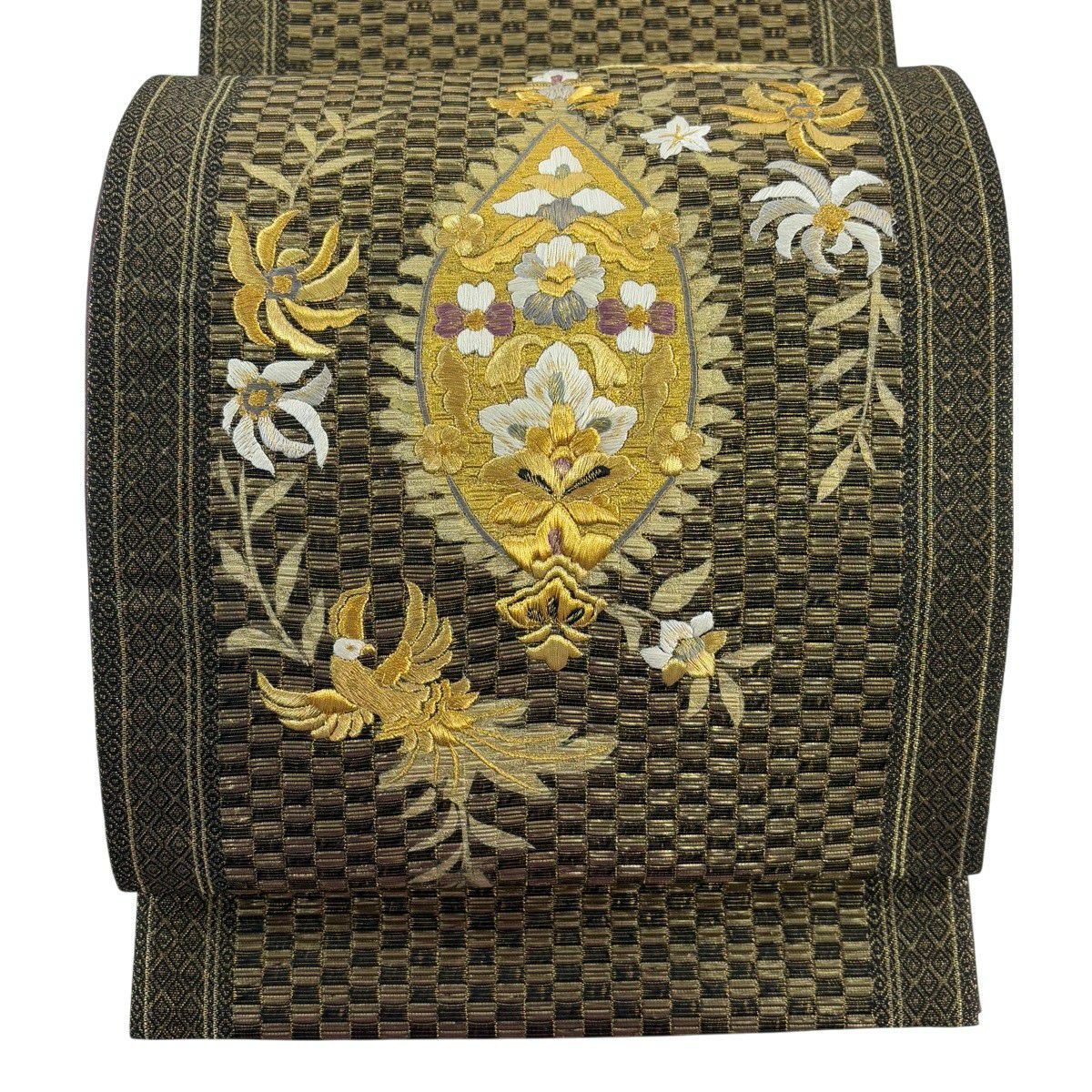 【美品】 袋帶 名品級 草花紋紋 鳥 金絲 刺繡 金色 大鼓圖案 純蠶絲