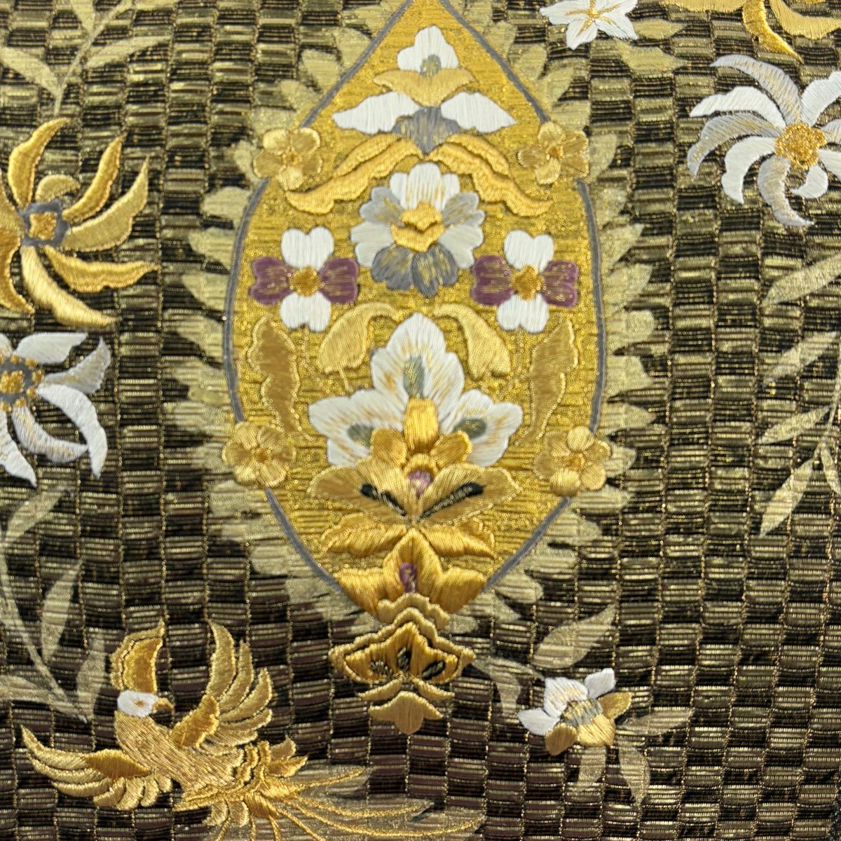 【美品】 袋帶 名品級 草花紋紋 鳥 金絲 刺繡 金色 大鼓圖案 純蠶絲