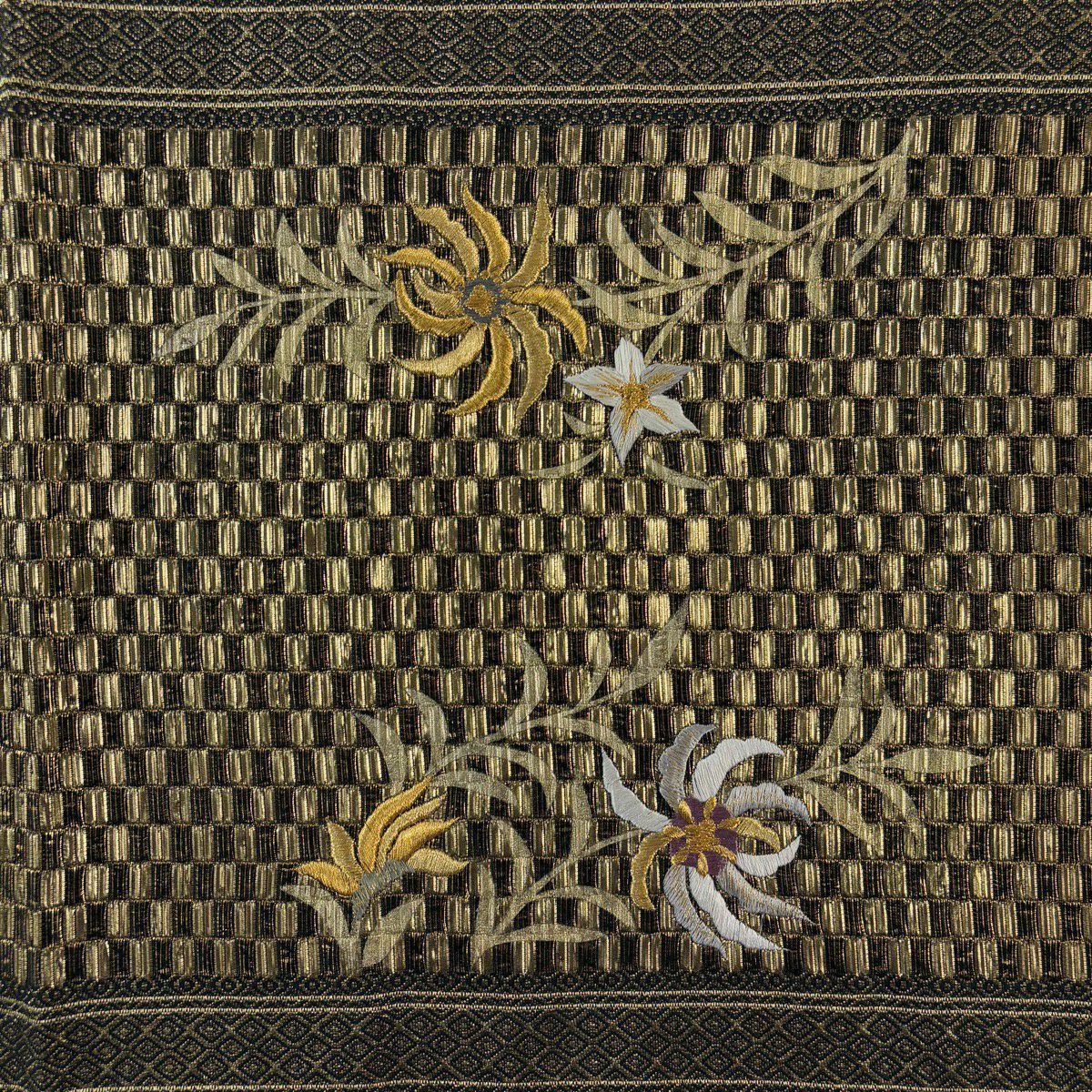 【美品】 袋帶 名品級 草花紋紋 鳥 金絲 刺繡 金色 大鼓圖案 純蠶絲