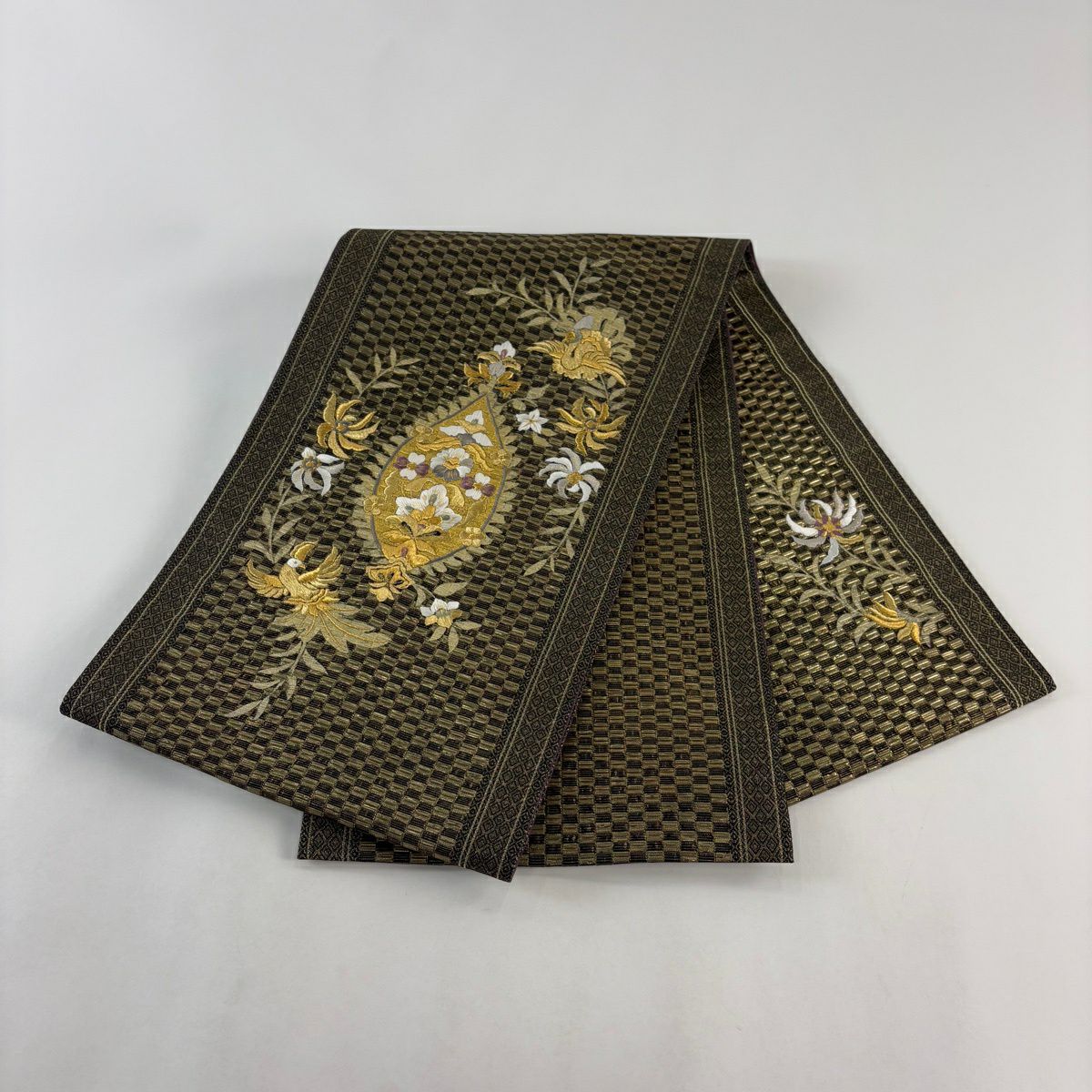 【美品】 袋帶 名品級 草花紋紋 鳥 金絲 刺繡 金色 大鼓圖案 純蠶絲