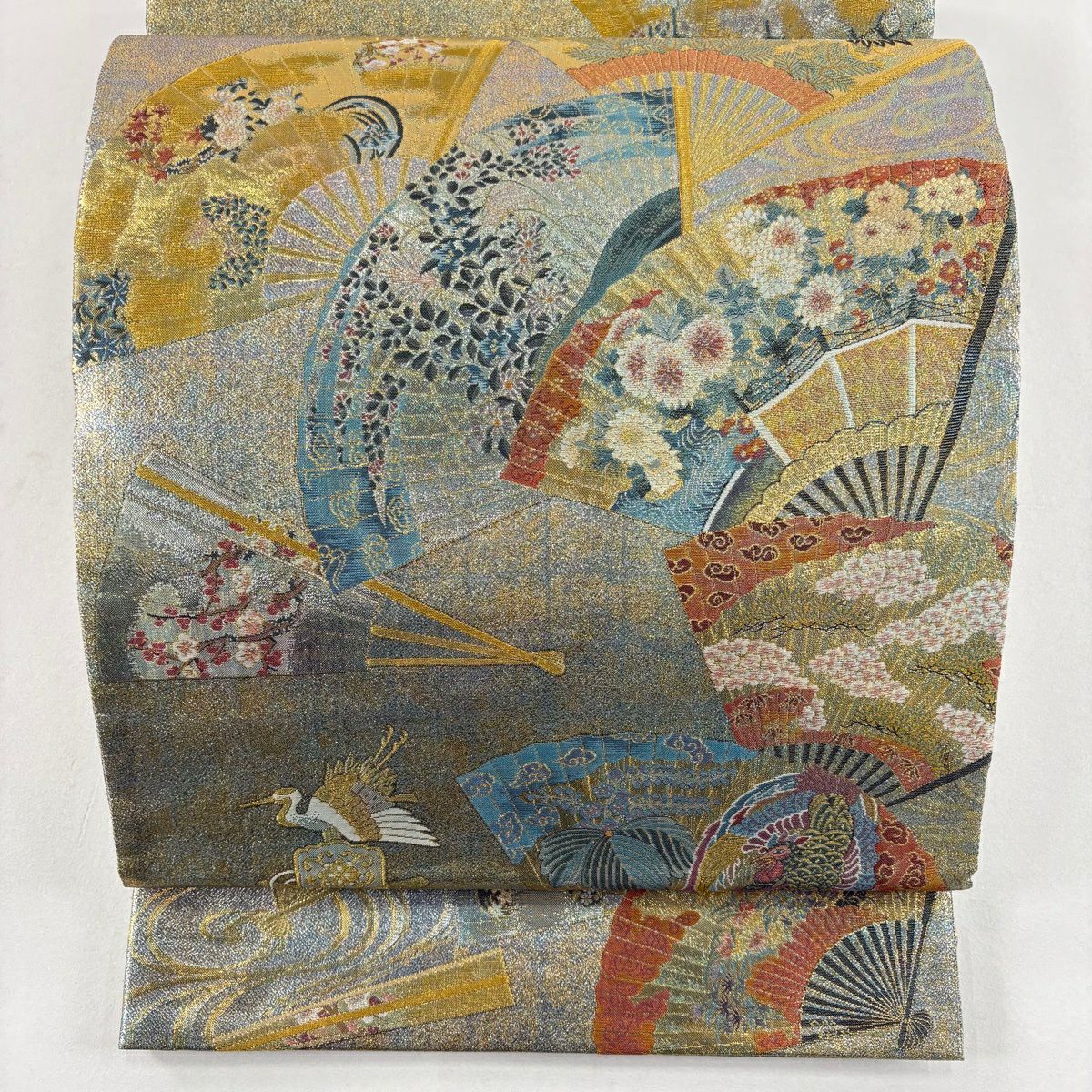 【美品】 袋帶 名品級 落款あり 徳川美術館秘藏 扇子 花鳥 金絲 金金箔 金色 大鼓圖案 純蠶絲