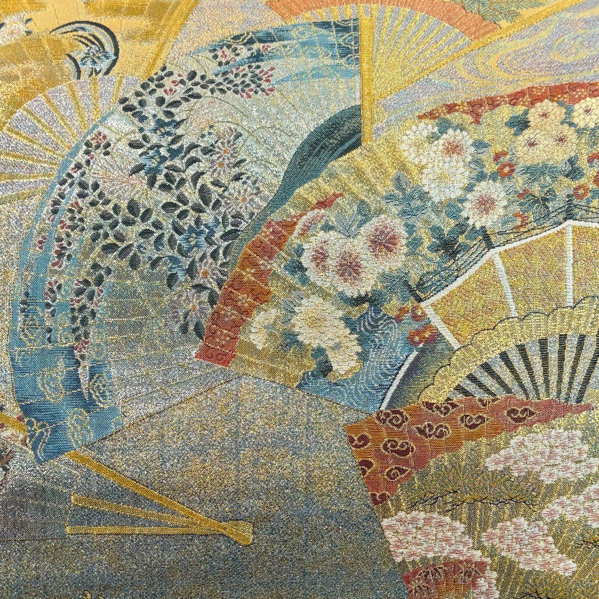 【美品】 袋帶 名品級 落款あり 徳川美術館秘藏 扇子 花鳥 金絲 金金箔 金色 大鼓圖案 純蠶絲
