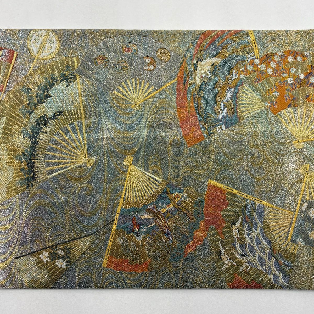 【美品】 袋帶 名品級 落款あり 徳川美術館秘藏 扇子 花鳥 金絲 金金箔 金色 大鼓圖案 純蠶絲