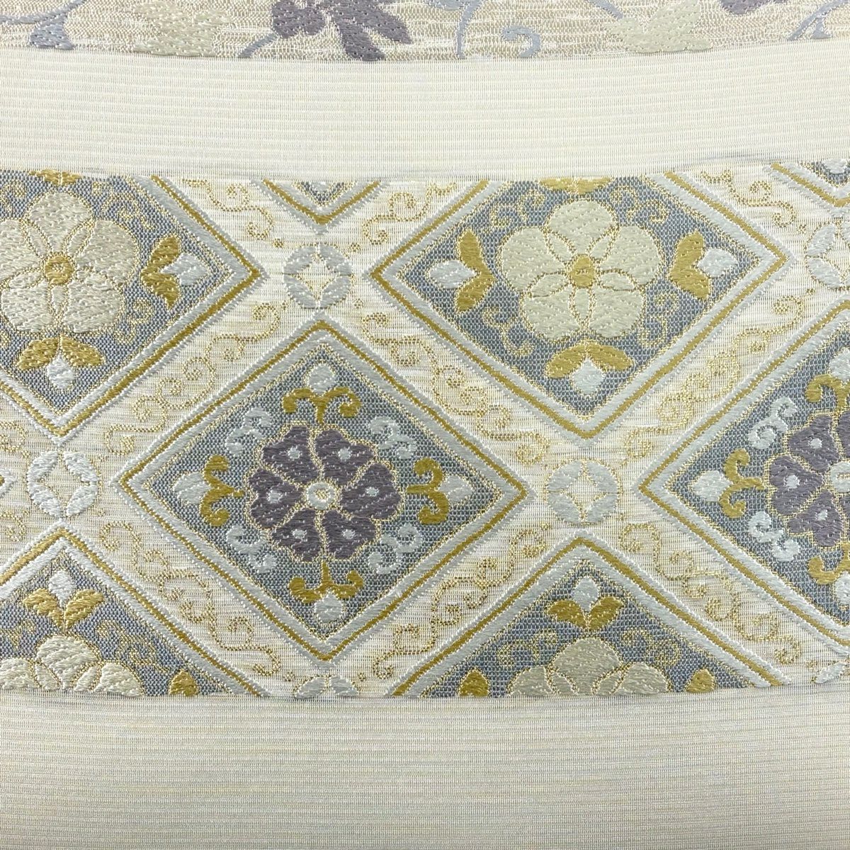 【美品】 袋帶 名品級 夏帶 絽 花唐草紋 菱 唐織 金金箔 灰白 六通 純蠶絲