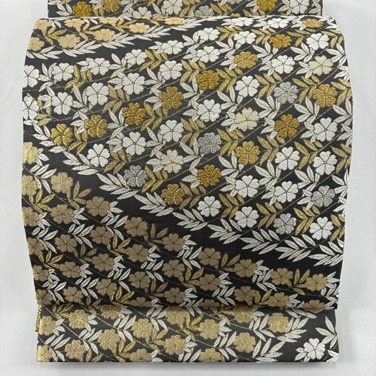 袋帶 名品級 樱花清映纹 樱 金银线 金金箔 黑灰 六通 純蠶絲