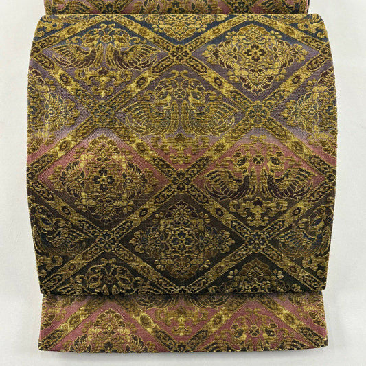 【美品】 袋帶 名品級 斜格子 花鳥 金金箔 輪奈織 金色 全通 純蠶絲