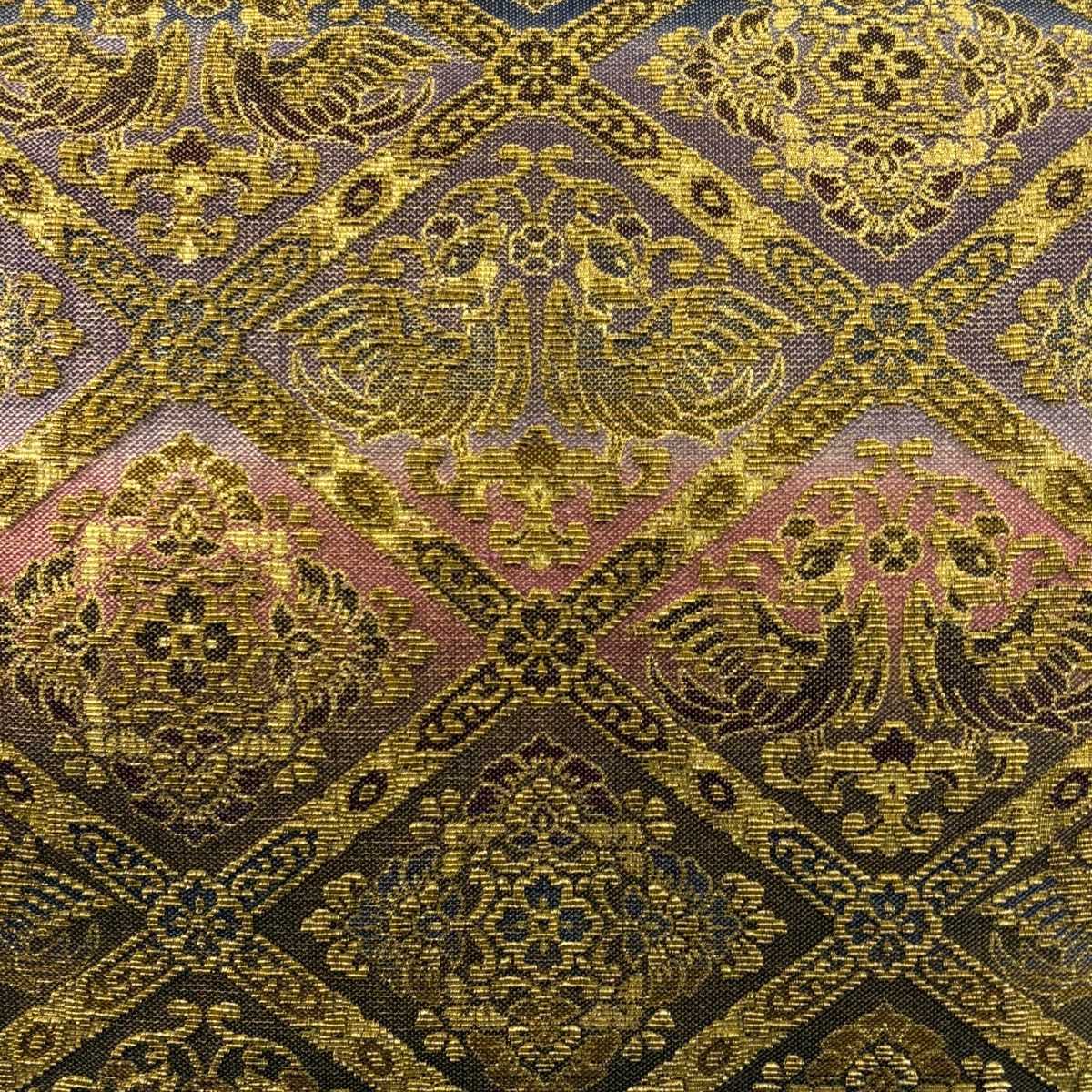 【美品】 袋帶 名品級 斜格子 花鳥 金金箔 輪奈織 金色 全通 純蠶絲