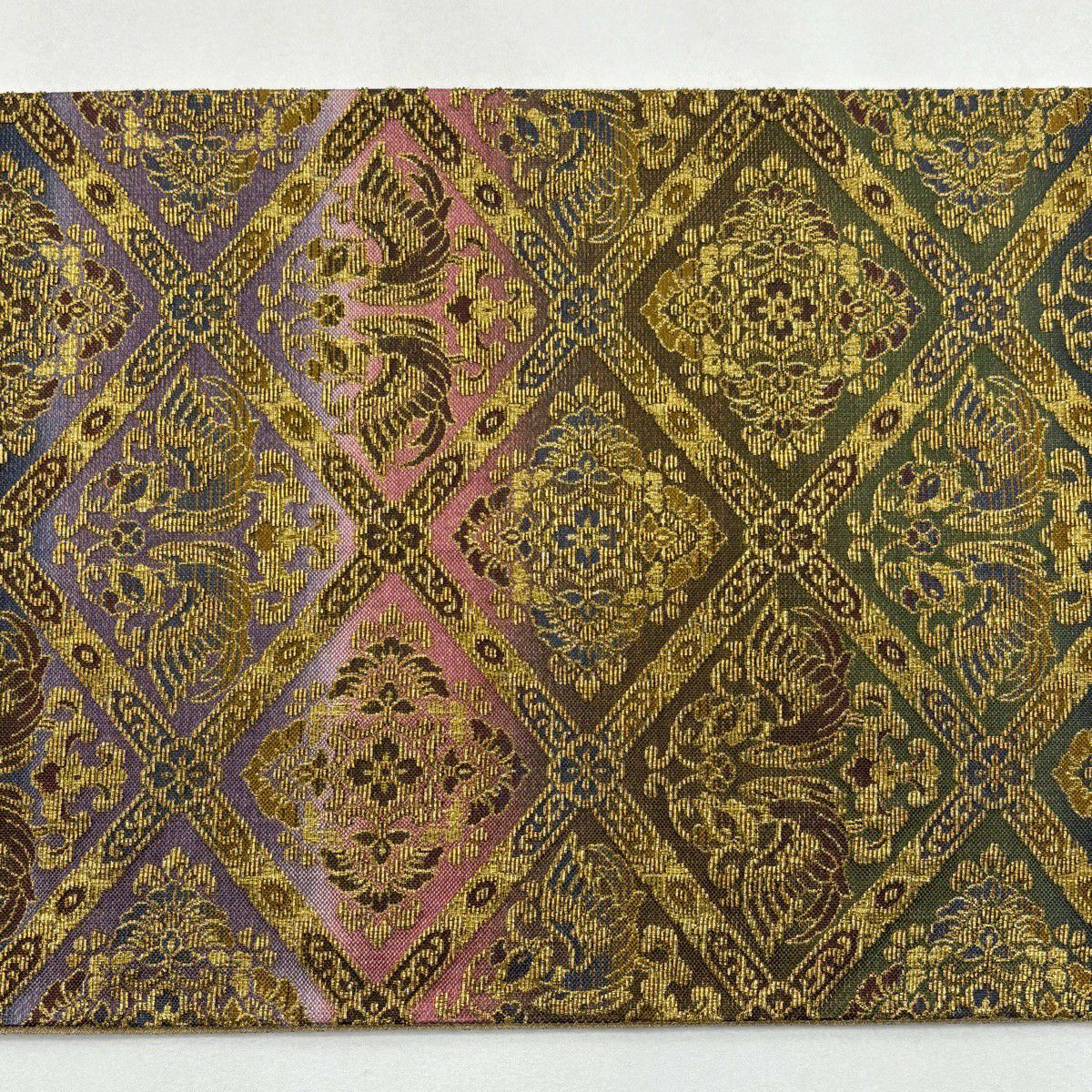 【美品】 袋帶 名品級 斜格子 花鳥 金金箔 輪奈織 金色 全通 純蠶絲