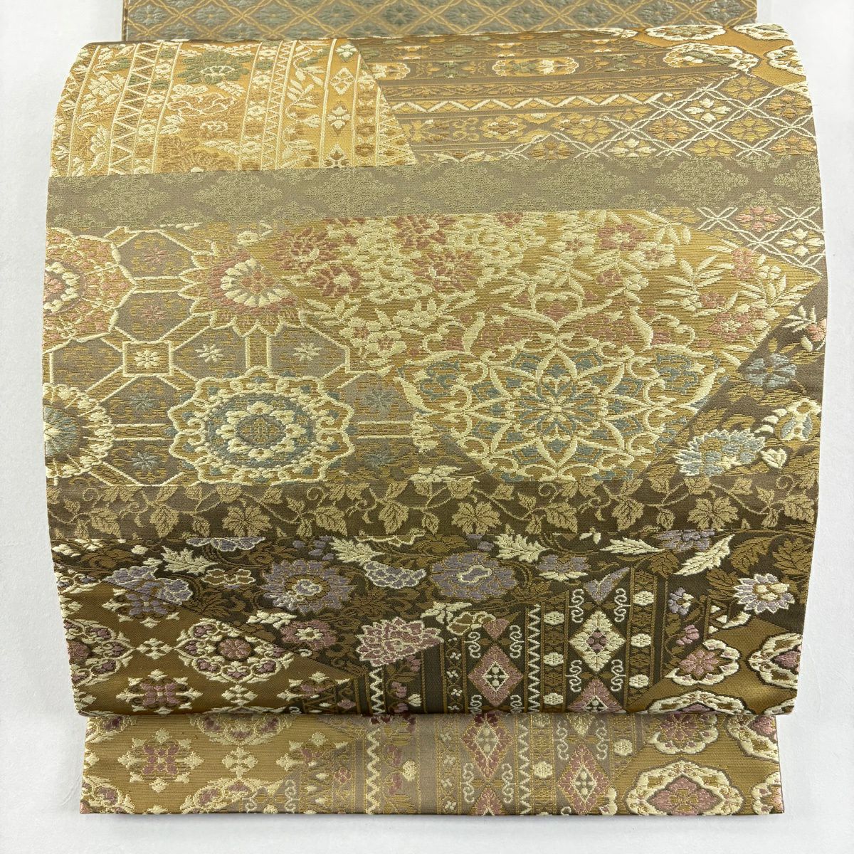 【美品】 袋帶 名品級 金金箔屋清兵衛 落款あり 悠久之美 名物裂文樣 華紋 金金箔 茶綠 深藍色 正蠶絲