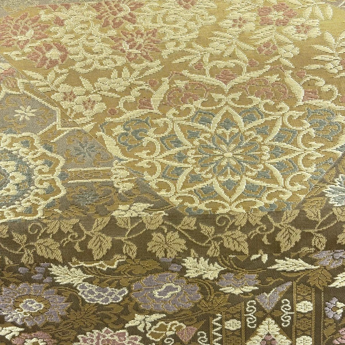 【美品】 袋帶 名品級 金金箔屋清兵衛 落款あり 悠久之美 名物裂文樣 華紋 金金箔 茶綠 深藍色 正蠶絲