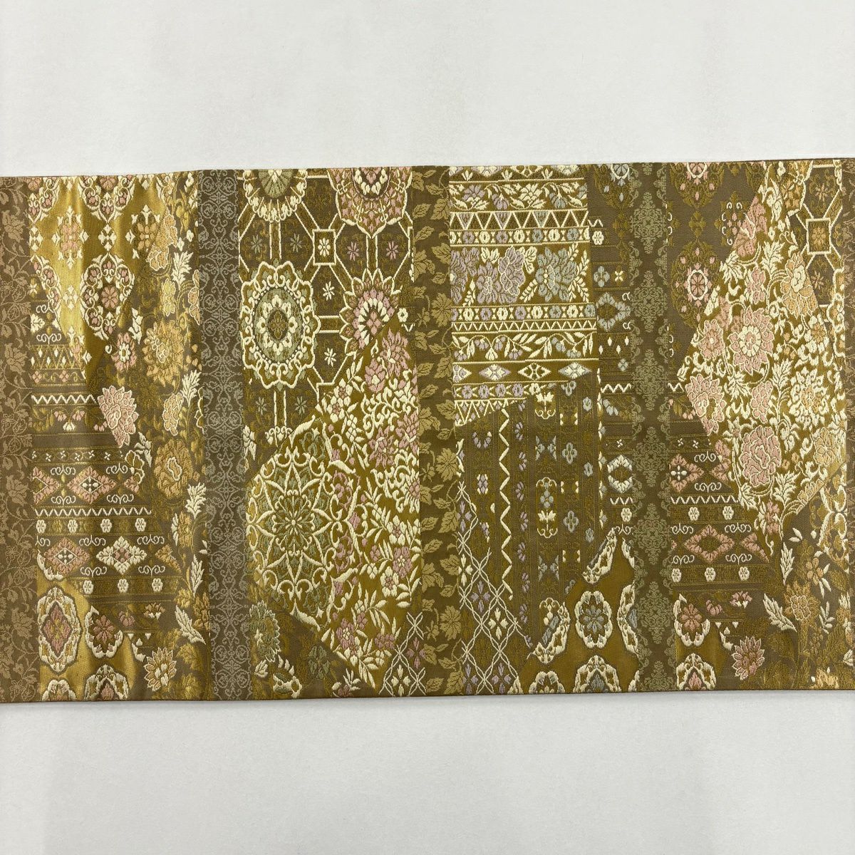 【美品】 袋帶 名品級 金金箔屋清兵衛 落款あり 悠久之美 名物裂文樣 華紋 金金箔 茶綠 深藍色 正蠶絲