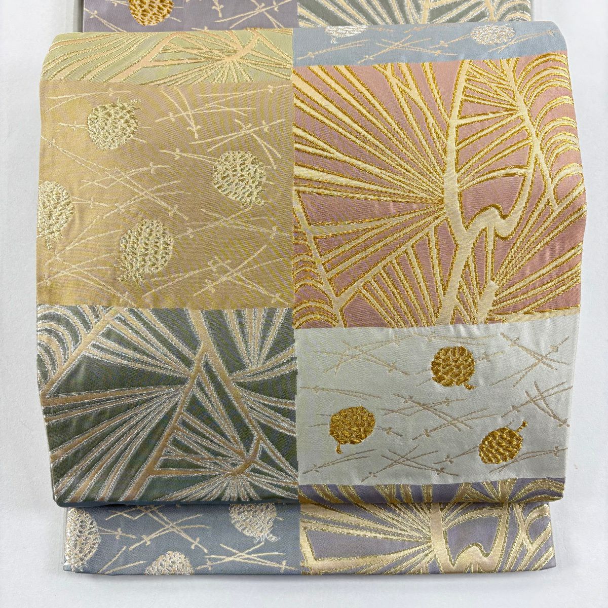 【美品】 袋帶 名品級 祥園 落款あり 松樹笠 松樹葉 金銀彩 金金箔 青灰 深藍色 六通 純蠶絲