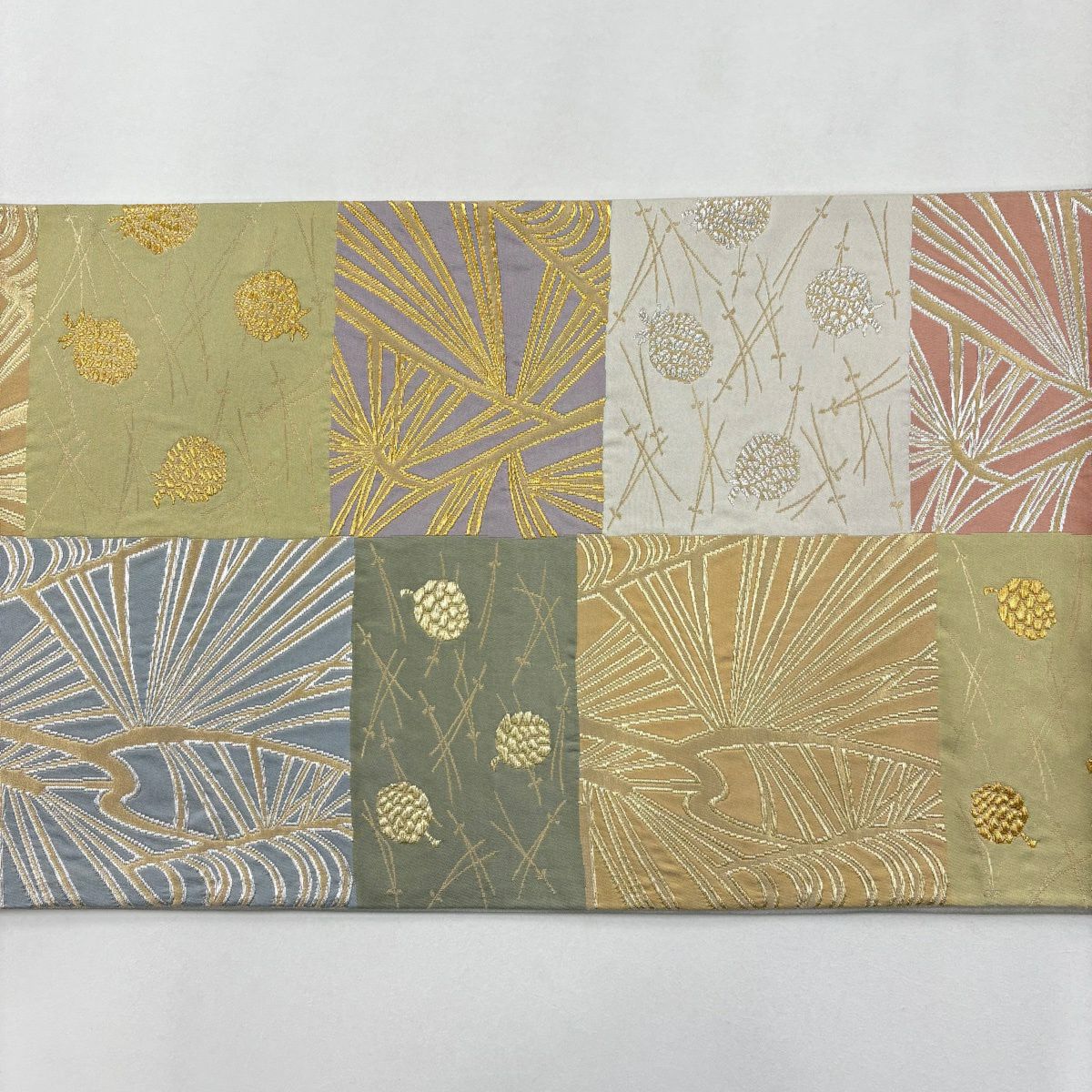 【美品】 袋帶 名品級 祥園 落款あり 松樹笠 松樹葉 金銀彩 金金箔 青灰 深藍色 六通 純蠶絲