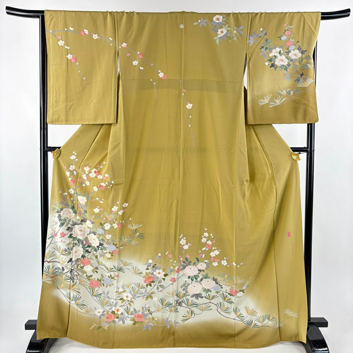 訪問服 身長168cm 袖長67.5cm L 雙層 落款有 枝花 松樹梅花 漸變 鶯色 純蠶絲 秀品級 一個紋
