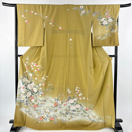 訪問服 身長168cm 袖長67.5cm L 雙層 落款有 枝花 松樹梅花 漸變 鶯色 純蠶絲 秀品級 一個紋