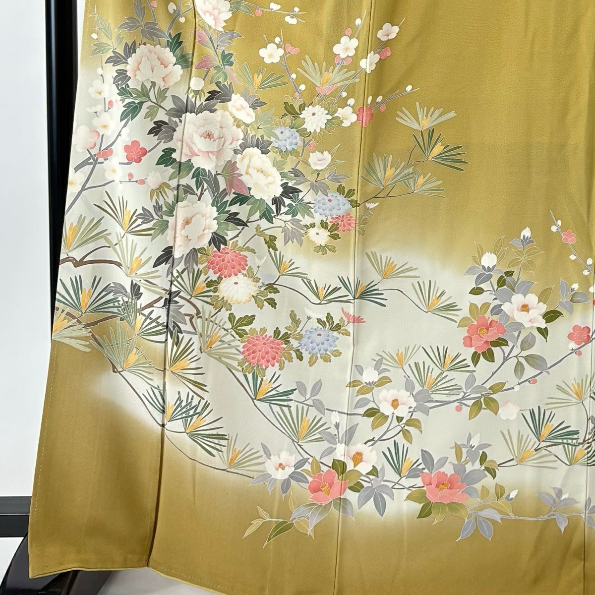 訪問服 身長168cm 袖長67.5cm L 雙層 落款有 枝花 松樹梅花 漸變 鶯色 純蠶絲 秀品級 一個紋