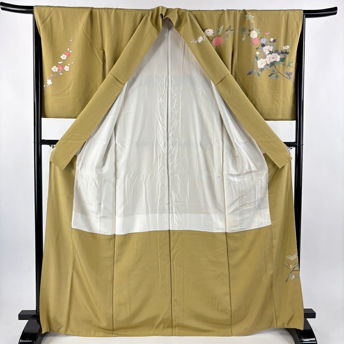 訪問服 身長168cm 袖長67.5cm L 雙層 落款有 枝花 松樹梅花 漸變 鶯色 純蠶絲 秀品級 一個紋