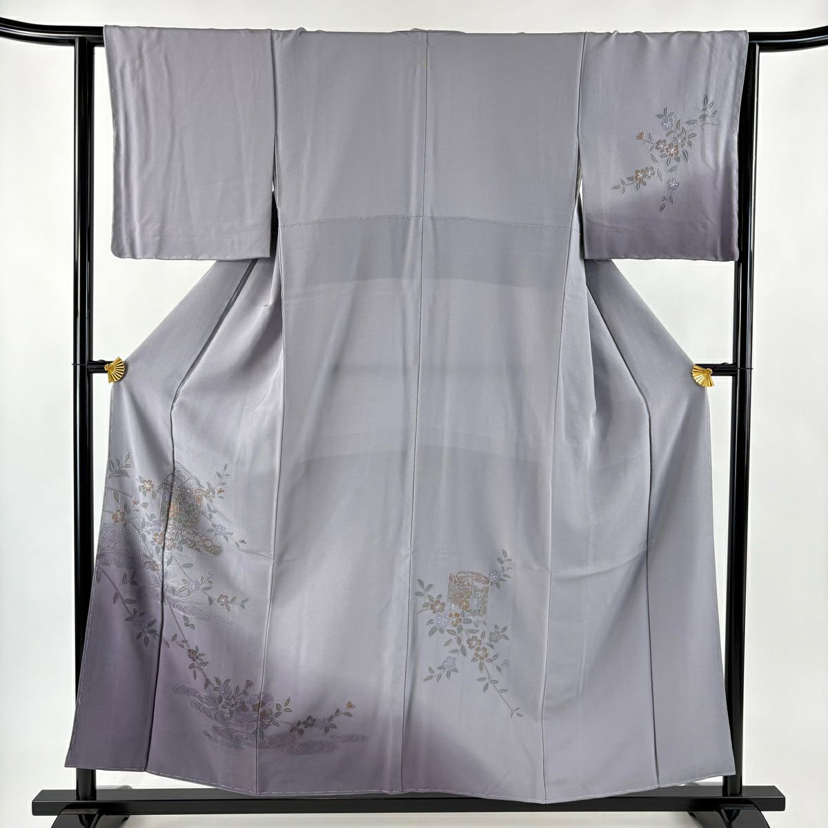 【美品】 付下 身長156cm 袖長63cm S 雙層 貝桶 櫻花 刺繡 漸層 灰紫 純蠶絲 秀品級 一つ紋
