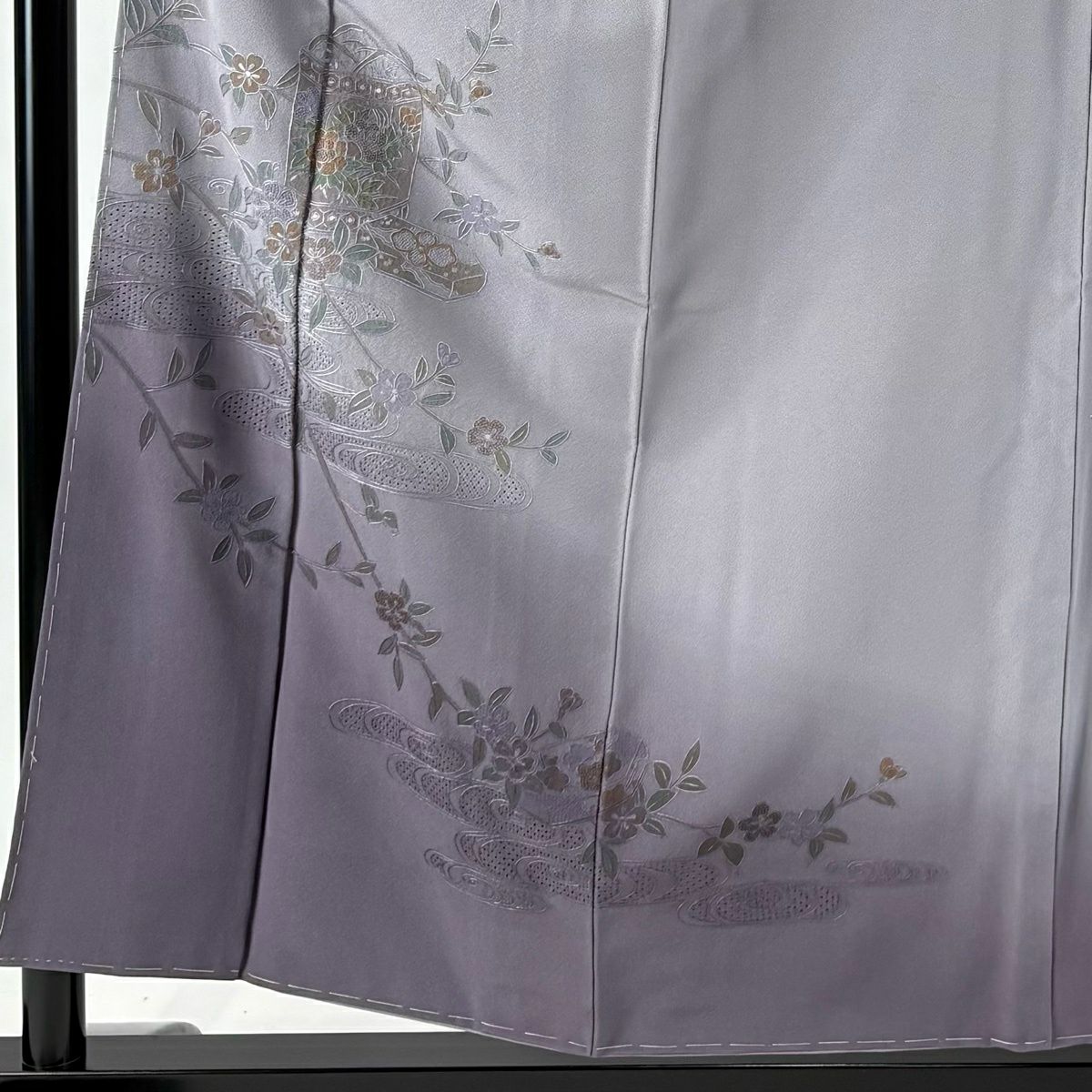 【美品】 付下 身長156cm 袖長63cm S 雙層 貝桶 櫻花 刺繡 漸層 灰紫 純蠶絲 秀品級 一つ紋