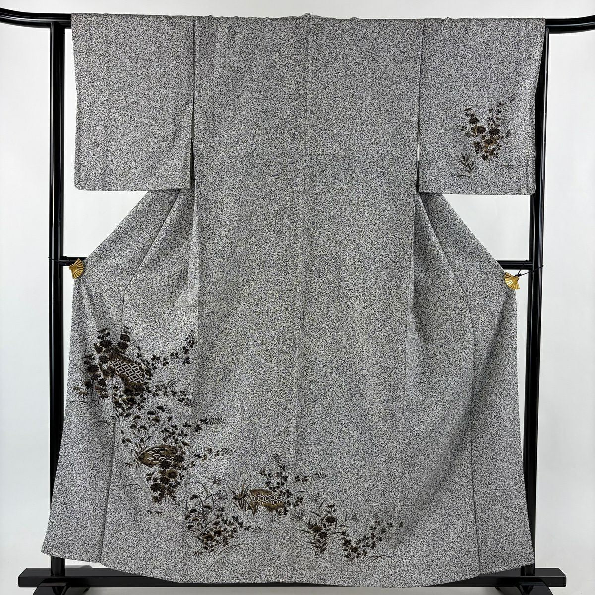 【美品】 付下 身長157.5cm 袖長63.5cm S 雙層 秋草 有職紋樣 金銀彩 黑灰 純蠶絲 優品級