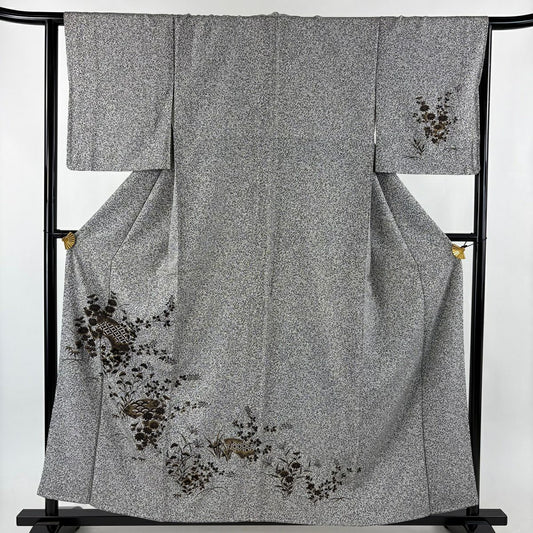 【美品】 付下 身長157.5cm 袖長63.5cm S 雙層 秋草 有職紋樣 金銀彩 黑灰 純蠶絲 優品級