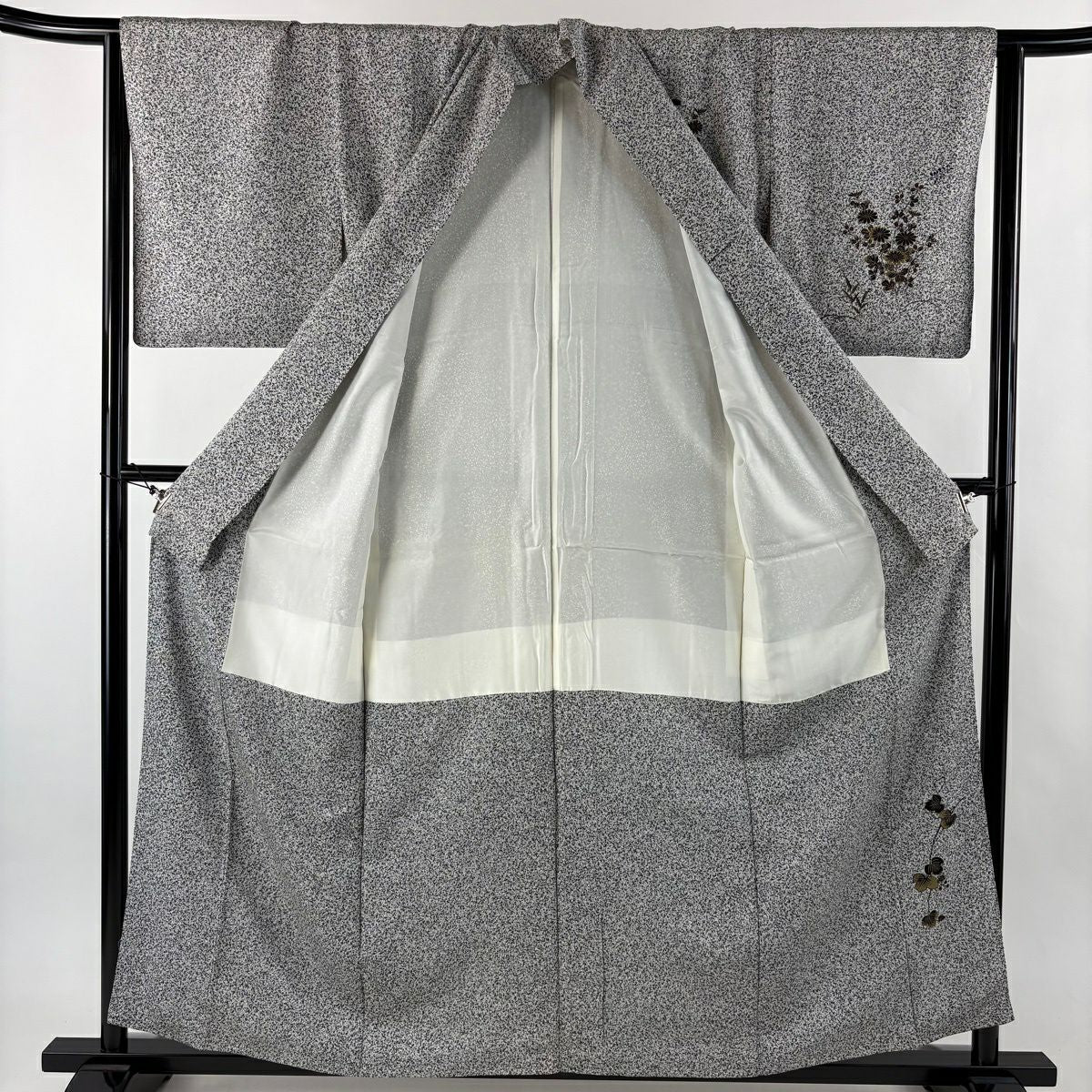 【美品】 付下 身長157.5cm 袖長63.5cm S 雙層 秋草 有職紋樣 金銀彩 黑灰 純蠶絲 優品級