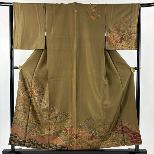 訪問服 身長155.5cm 袖長65cm M 雙層 道長取 花鳥 金通し 金銀彩 茶綠 純蠶絲 秀品級 一つ紋