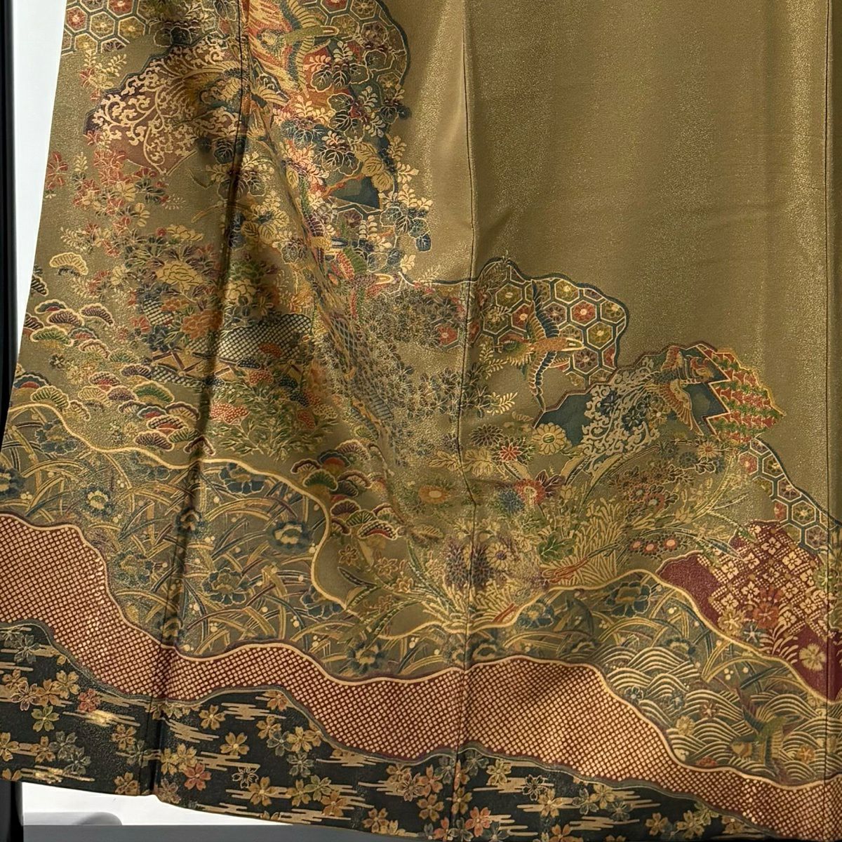 訪問服 身長155.5cm 袖長65cm M 雙層 道長取 花鳥 金通し 金銀彩 茶綠 純蠶絲 秀品級 一つ紋